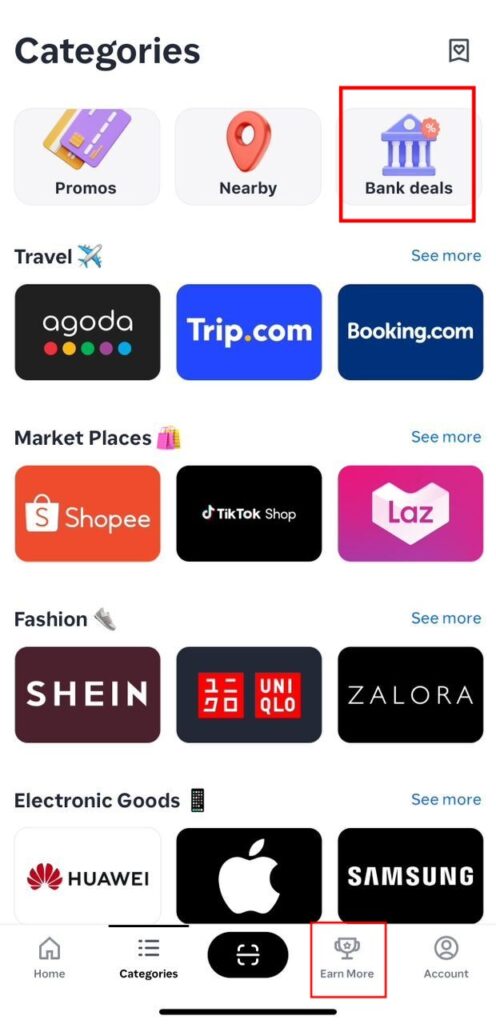 How to Locate the "Earn More" tab and connect your Visa card in ShopBack
